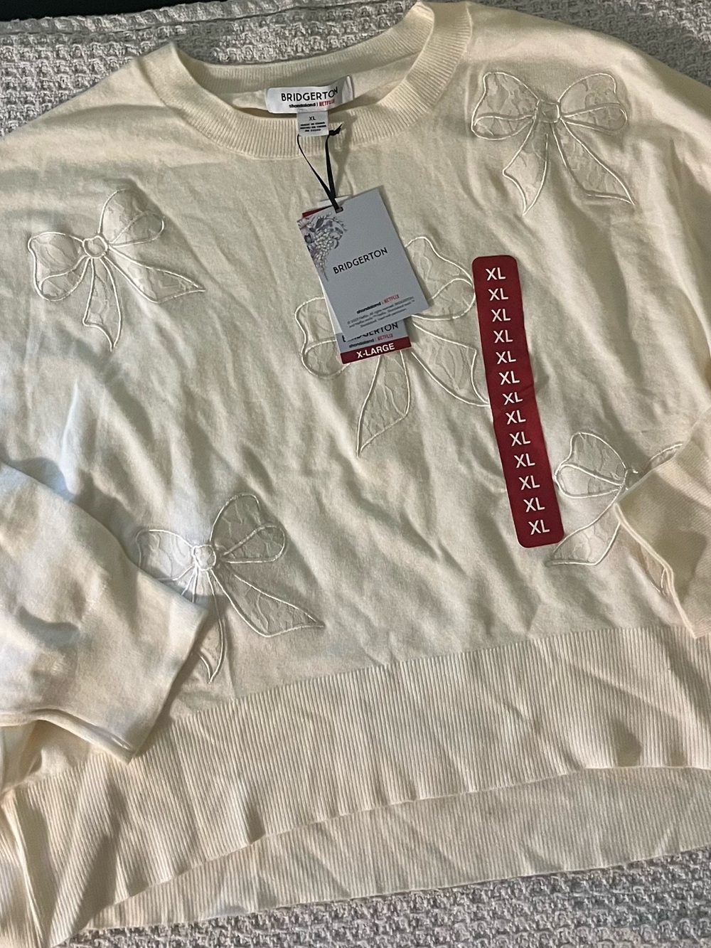 Bridgerton Cream Bow-Appliqué Crewneck Sweater - XL